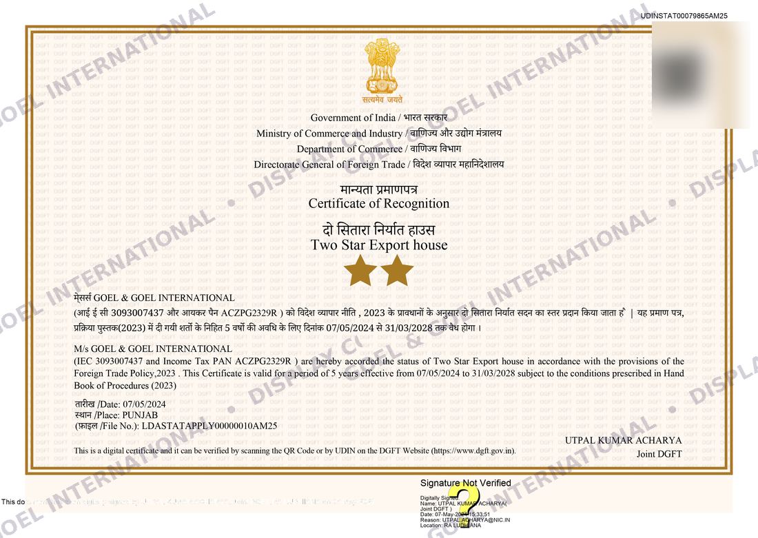 Two Star Export House certificate of recognition issued to Goel & Goel International